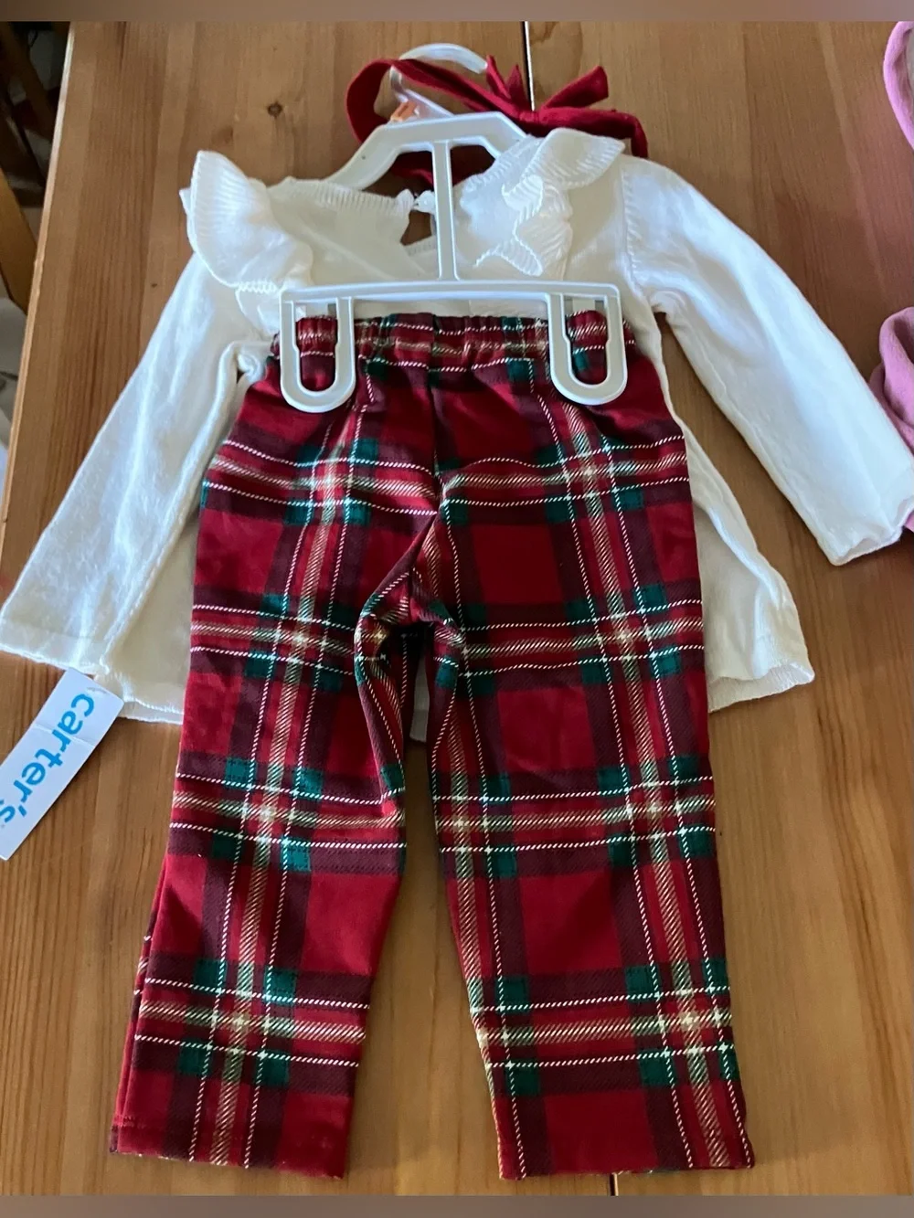 NEW CartersHoliday Outfit Set - Cream Top, Red Plaid Pants & Mauve Hooded Jacket